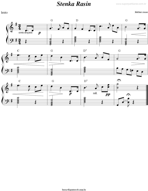 Partitura da música Stenka Rasin (Folclore Russo)