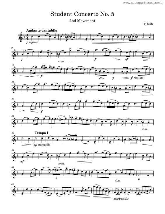Partitura da música Student Concerto No.5 2Nd Movement Op. 22 – Friedrich Seitz Seitz Concerto No.5 2Nd Mvt Op 22