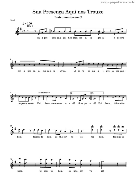 Partitura da música Sua Presença Aqui Nos Trouxe Alegria – Corinho Da Hc