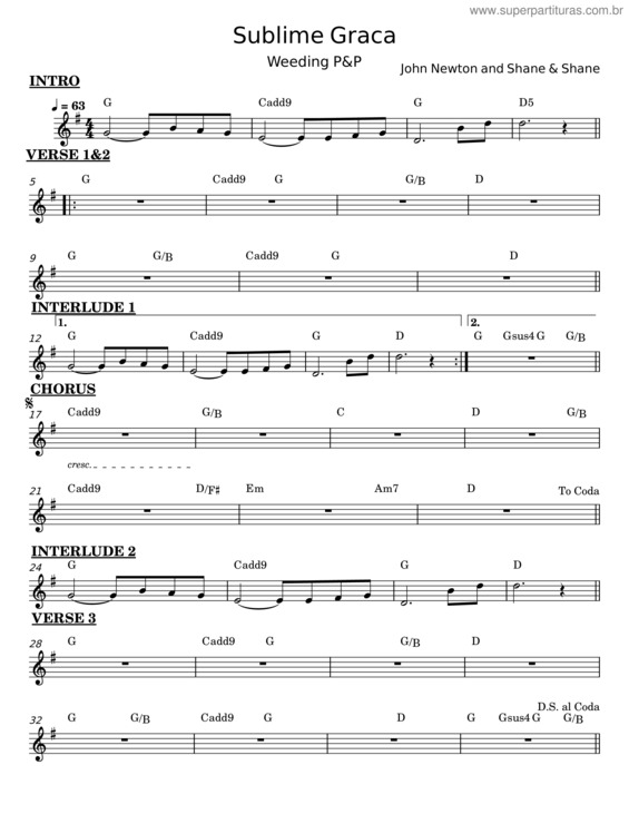 Partitura da música Sublime Graça – John Newton