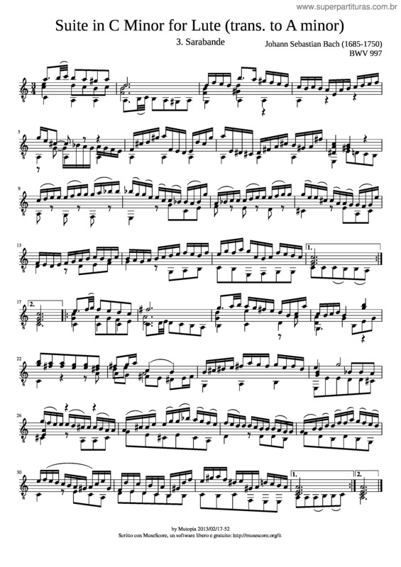 Partitura da música Suite In C Minor For Lute – Sarabande – Bwv997
