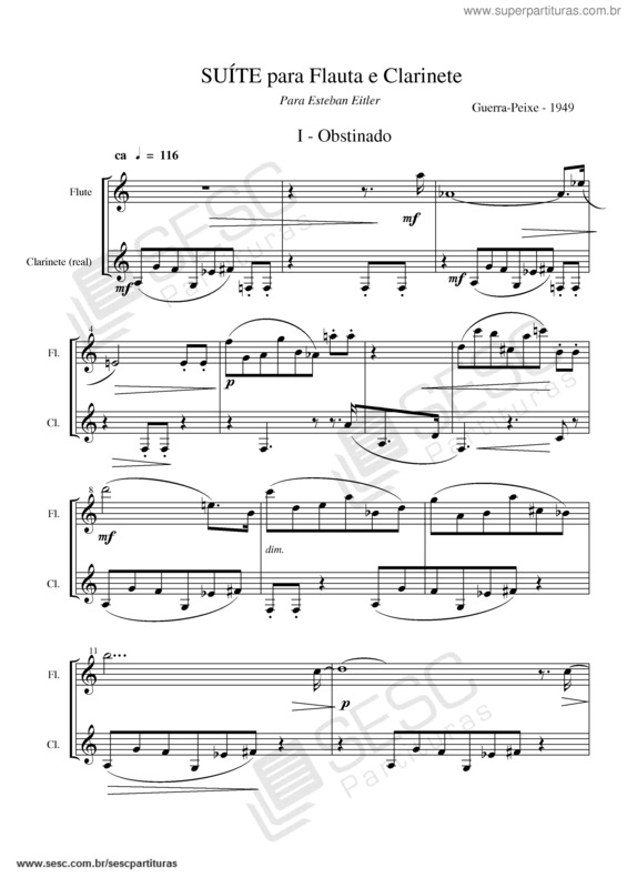 Partitura da música Suíte para flauta e clarinete