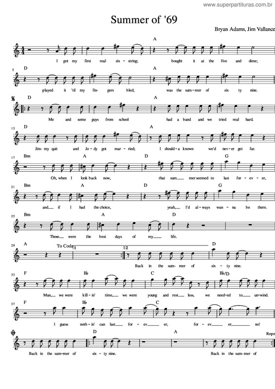 Partitura da música Summer Of `69