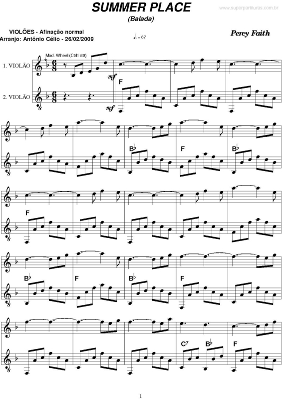 Partitura da música Summer Place