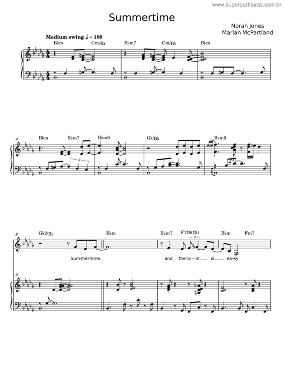 Partitura da música Summertime – Norah Jones