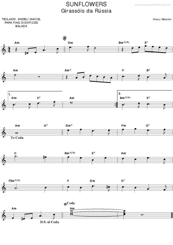 Partitura da música Sunflowers (Girassóis da Rússia)