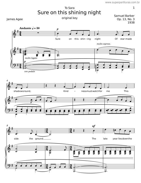 Partitura da música Sure On This Shining Night – Samuel Barber, James Agee