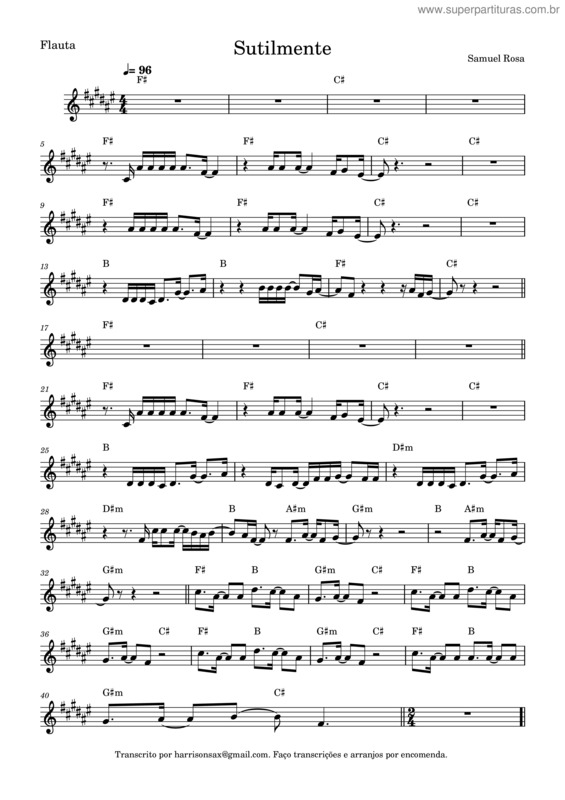 Partitura da música Sutilmente – Samuel Rosa