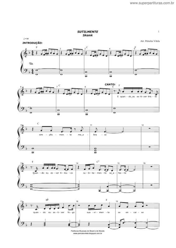 Partitura da música Sutilmente