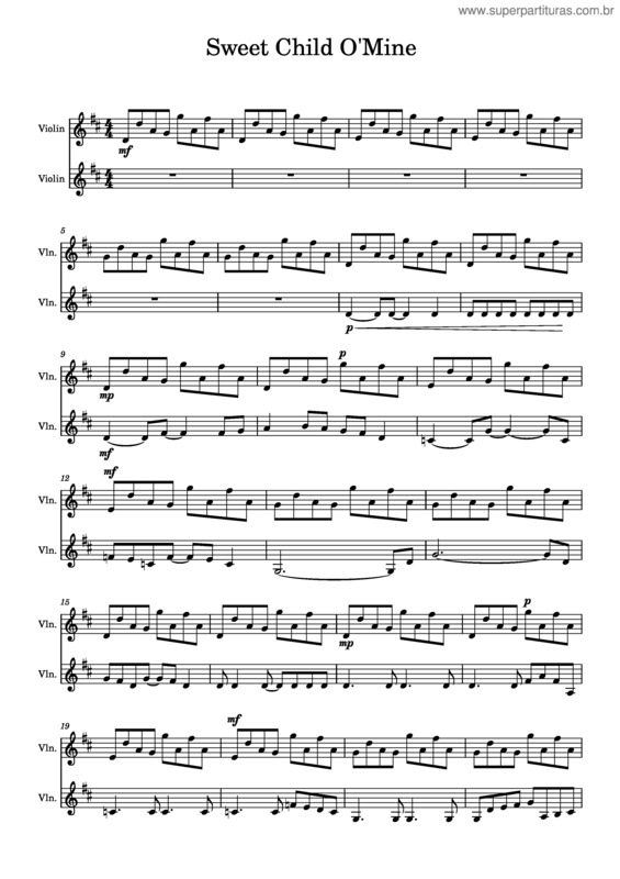 Partitura da música Sweet Child O` Mine  – Guns N` Roses Sweet Child O`Mine Violin Duet Extended