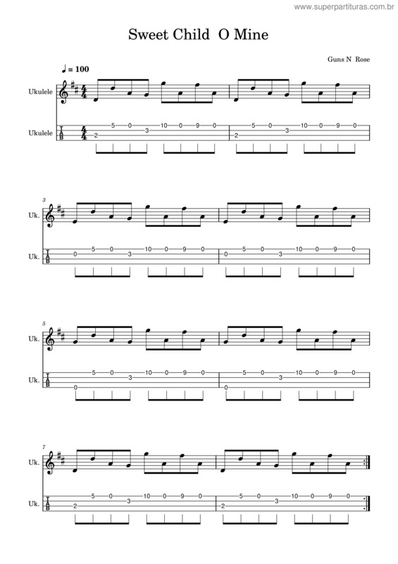 Partitura da música Sweet Child O´ Mine – Ukulele Intro