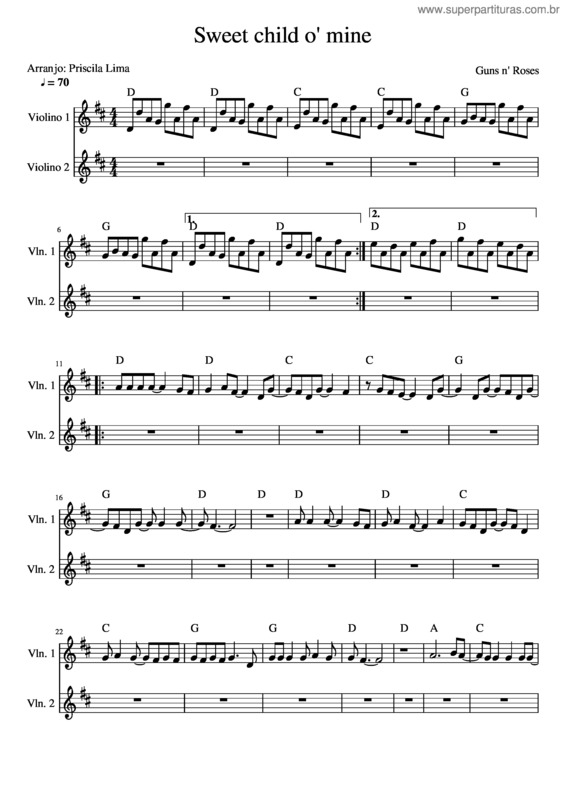 Partitura da música Sweet Child O` Mine Violino 1 E Acordes Metr 70