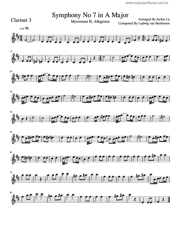 Partitura da música Symphony No 7 Movement Ii 3Rd Clarinet