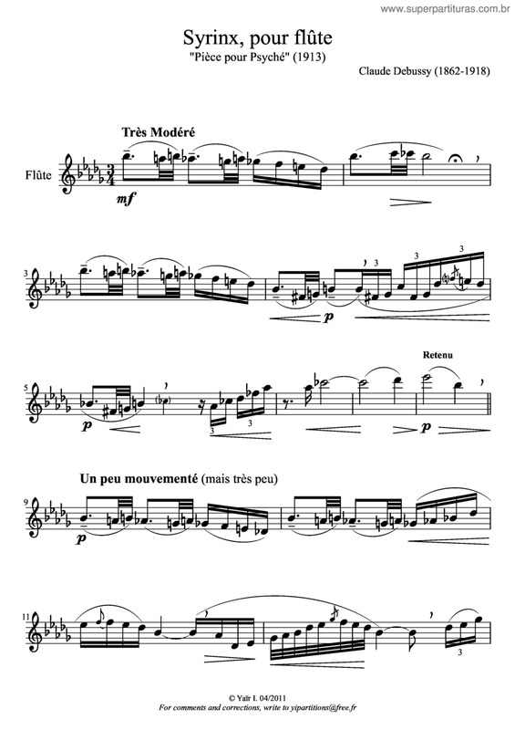 Partitura da música Syrinx, Pour Flute