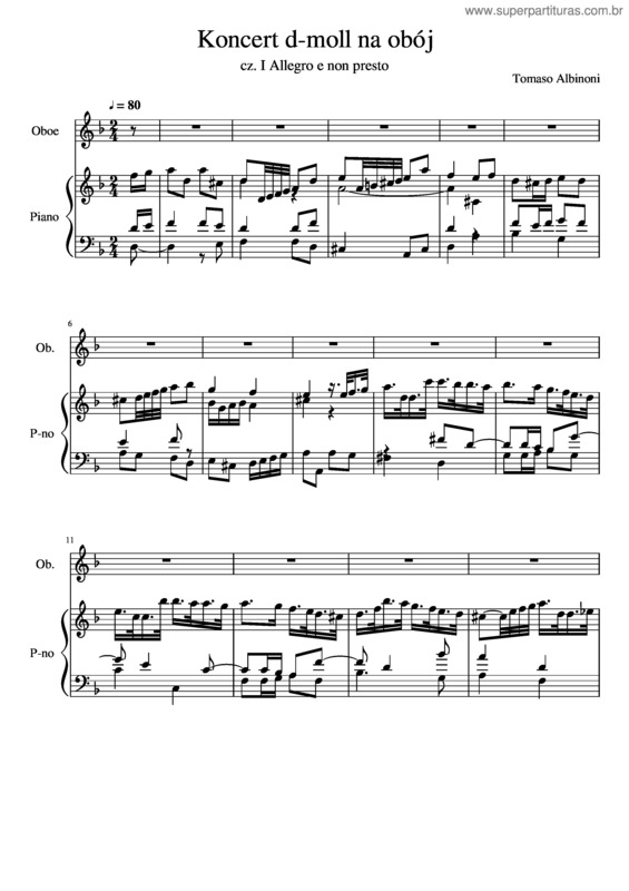 Partitura da música T. Albinoni Oboe Concerto In D Minor Part. 1