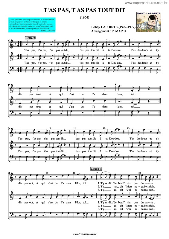 Partitura da música T`As Pas, T`As Pas Tout Dit . Bobby Lapointe