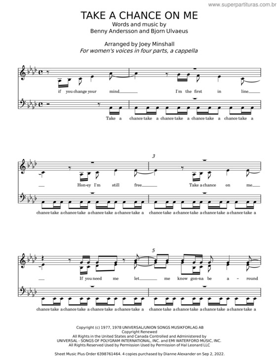 Partitura da música Take A Chance On Me – Abba v.2