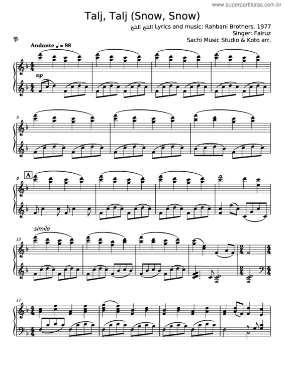 Partitura da música Talj, Talj – Rahbani Brothers