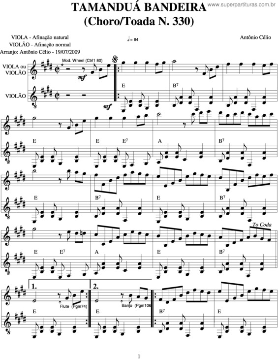 Partitura da música Tamanduá Bandeira
