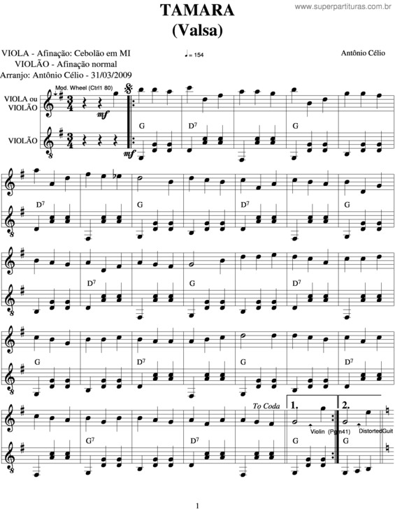 Partitura da música Tamara