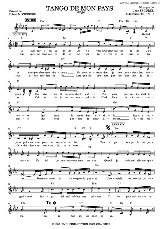 Partitura da música Tango De Mon Pays – Jean Ségurel