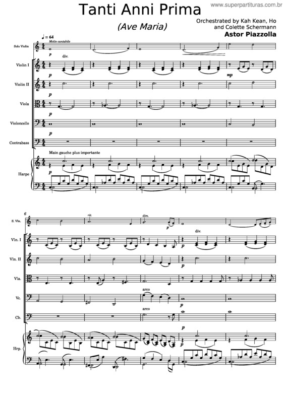 Partitura da música Tanti Anni Prima – Ave Maria–Astor Piazzolla – Cordes Et Harpe