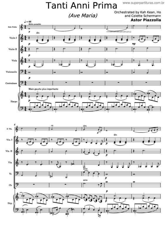 Partitura da música Tanti Anni Prima Ave Maria Piazzolla–Cordes Et Harpe – Alto Clef De Sol Et Vc2
