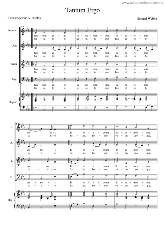 Partitura da música Tantum Ergo – Samuel Webbe