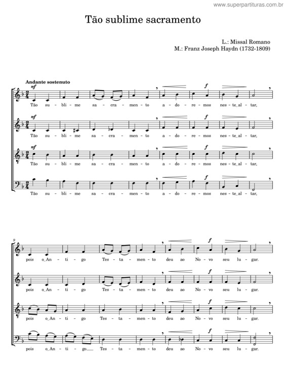 Partitura da música Tão Sublime Sacramento – Franz Joseph Haydn