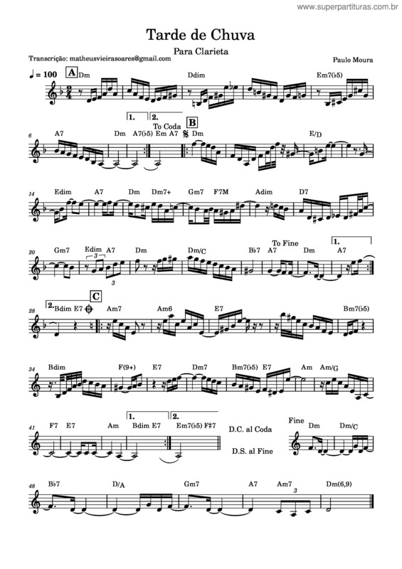 Partitura da música Tarde De Chuva – Paulo Moura