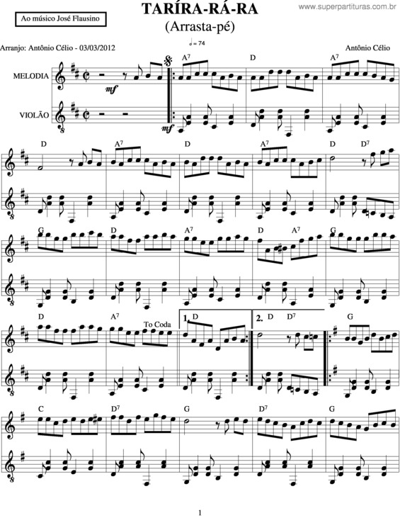 Partitura da música Taríra-Rá-Ra