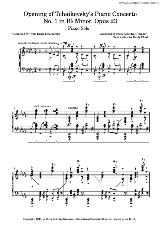 Partitura da música Tchaikovsky`S Piano Concerto No. 1, Opus 23, Arrangement For Solo Piano