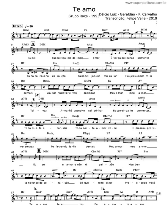 Partitura da música Te Amo – Délcio Luiz