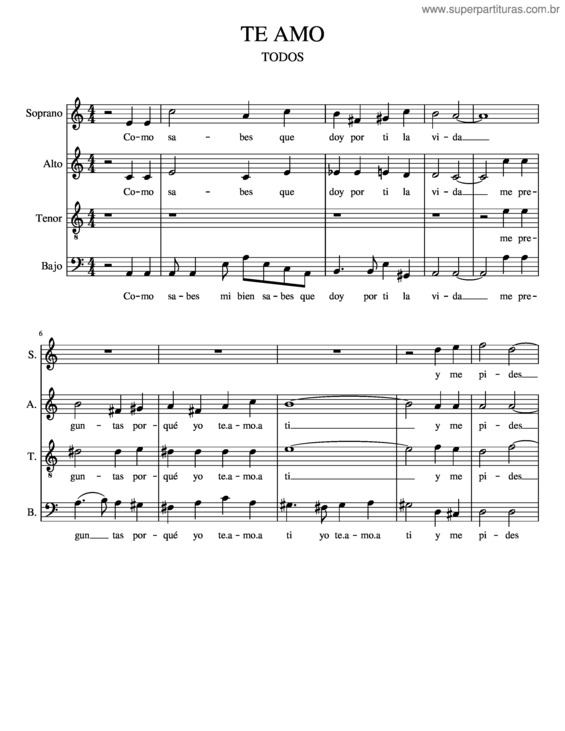 Partitura da música Te Amo – Todos