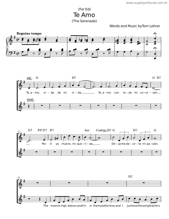 Partitura da música Te Amo – Tom Lehrer