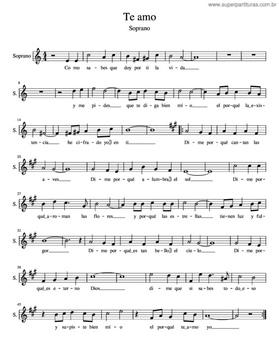 Partitura da música Te Amo Soprano