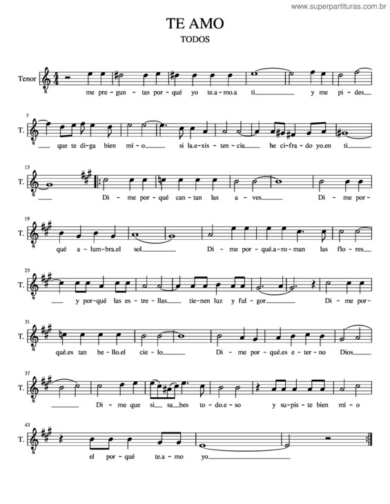 Partitura da música Te Amo Tenor