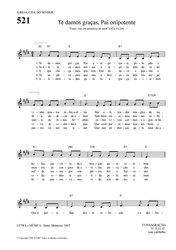 Partitura da música Te Damos Graças Pai Onipotente