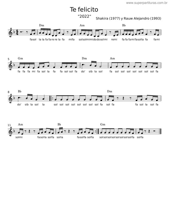 Partitura da música Te Felicito – Shakira