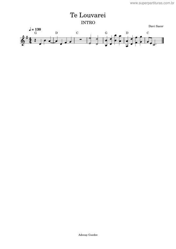 Partitura da música Te Louvarei – Davi Sacer