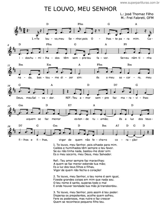 Partitura da música Te Louvo, Meu Senhor – José Thomaz Filho;Frei Fabreti