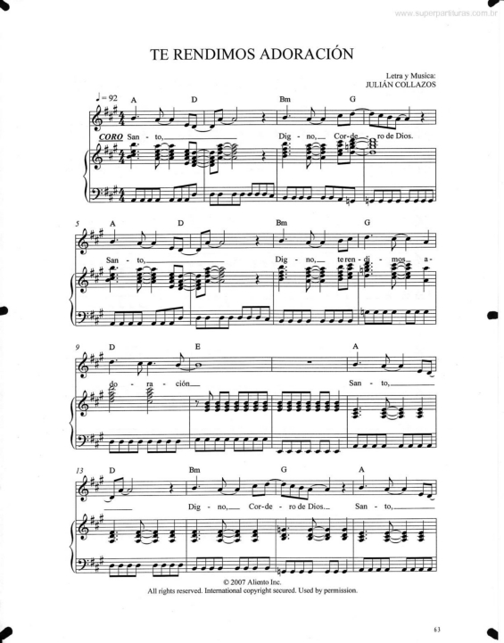 Partitura da música Te Rendimos Adoración