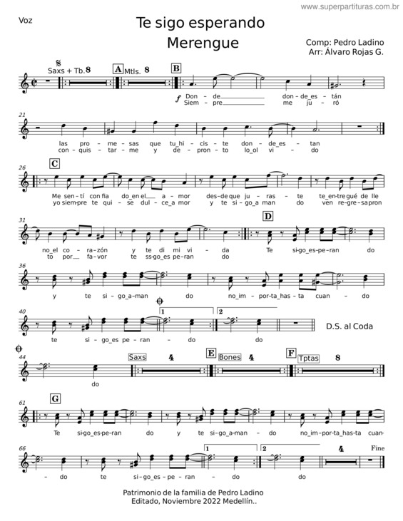 Partitura da música Te Sigo Esperando – Pedro Ladino