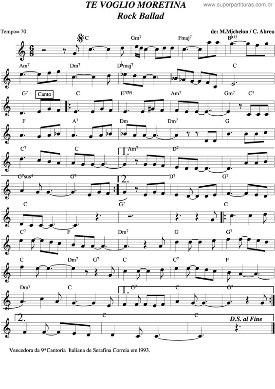 Partitura da música Te Voglio Moretina