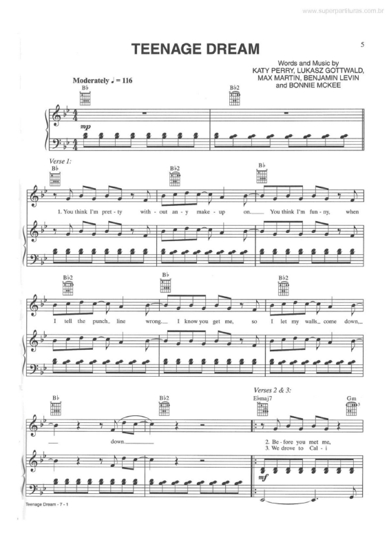 Partitura da música Teenage Dream