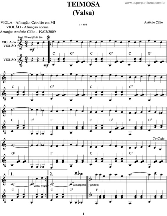 Partitura da música Teimosa v.2