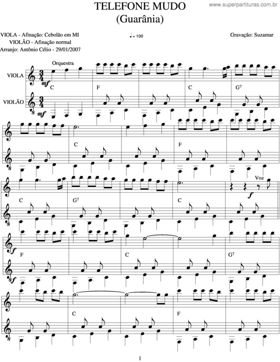 Partitura da música Telefone Mudo v.2