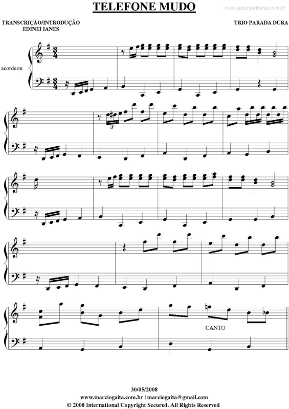 Partitura da música Telefone Mudo