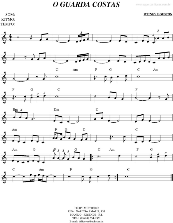 Partitura da música Tema ( O guarda costas)