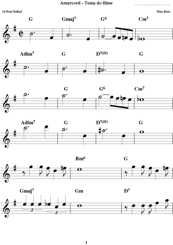 Partitura da música Tema de Amarcord